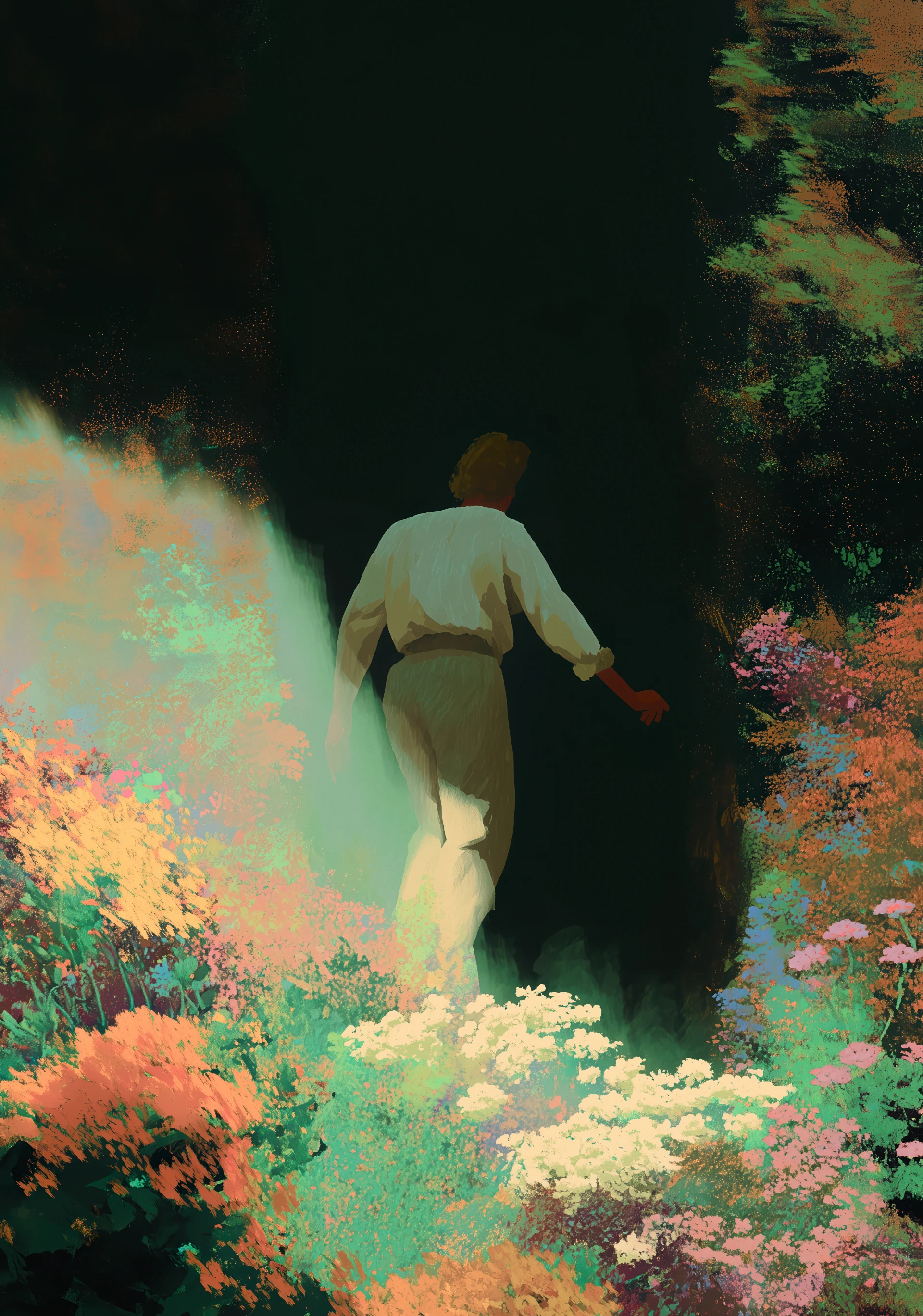 A figure stepping into a vivid imagined landscape