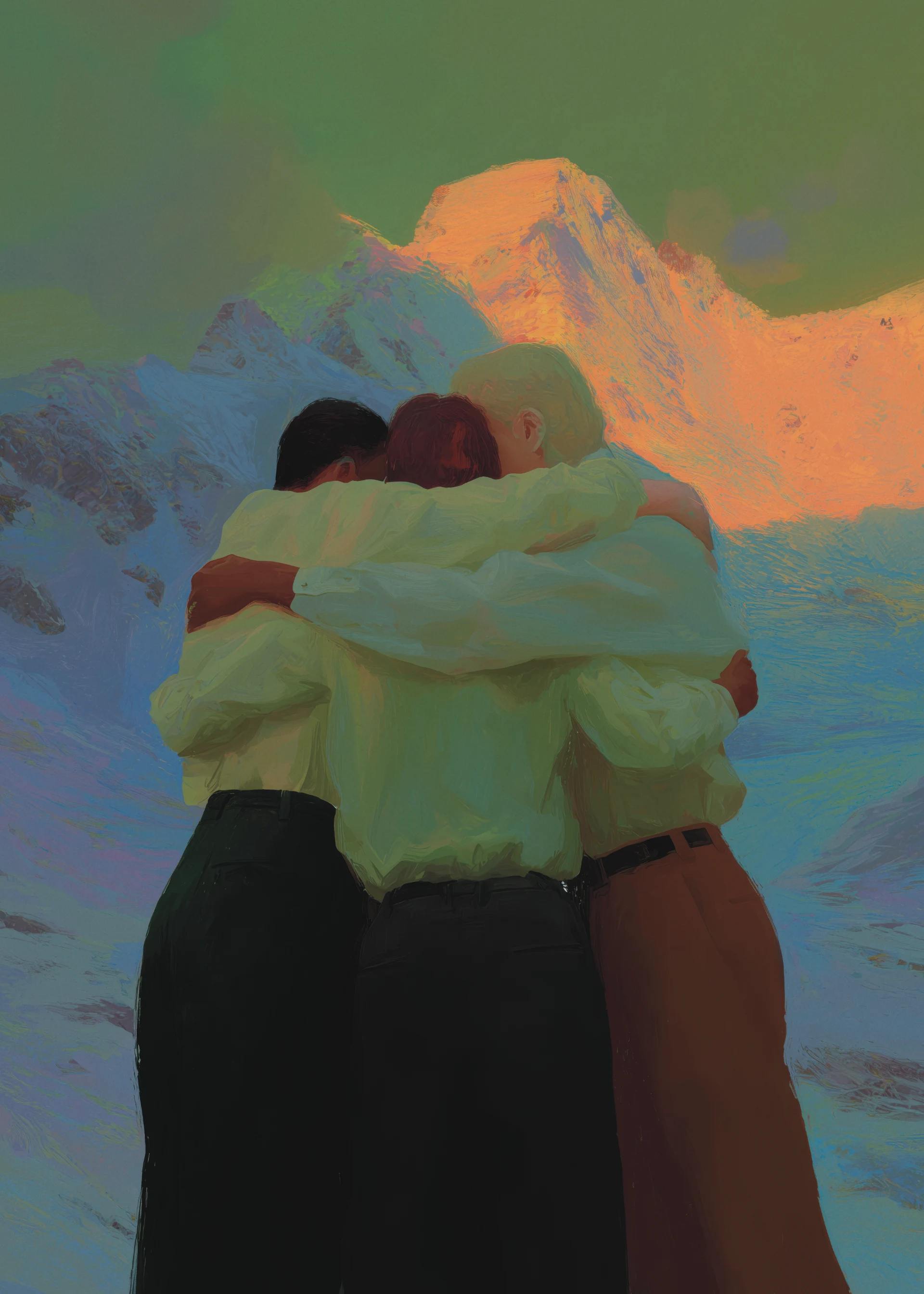 Three people embracing in a painted mountain landscape