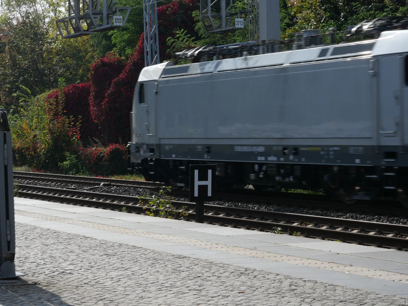 Ein Zug fährt an einem Bahnsteig vorbei.